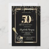 Invitation Sequins Dorés, Bouteille de Verre à Vin 50ème Anni (Devant)