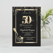 Invitation Sequins Dorés, Bouteille de Verre à Vin 50ème Anni (Debout devant)