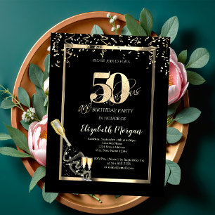 Invitation Sequins Dorés, Bouteille de Verre à Vin 50ème Anni