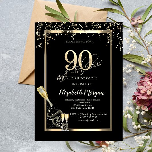 Invitation Sequins Dorés, Bouteille de Verre à Vin 90ème Anni