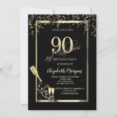 Invitation Sequins Dorés, Bouteille de Verre à Vin 90ème Anni (Devant)