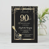 Invitation Sequins Dorés, Bouteille de Verre à Vin 90ème Anni (Debout devant)