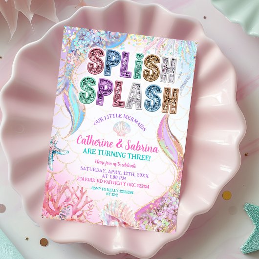 Invitation  Sequins Glitters Mermaids Sibling Twins Birthday 