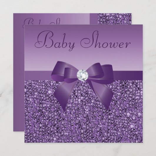 Invitation Séquins imprimés violets Baby shower Bow & Diamond (Devant / Derrière)