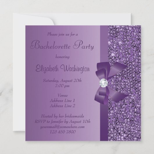 Invitation Séquins imprimés violets Bow & Diamond Bachelorett (Dos)