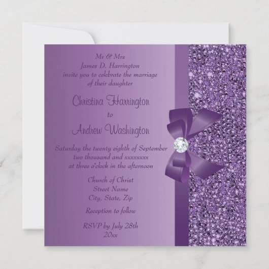 Invitation Séquins imprimés violets Mariage Bow & Diamond (Dos)