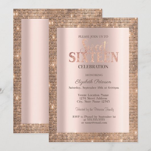 Invitation Séquins modernes Cadre Rose Gold Sweet 16 (Devant / Derrière)