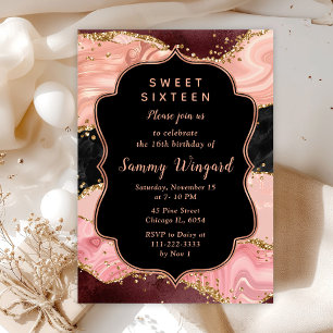 Invitation Séquins noirs et roses Agate Sweet sixteen