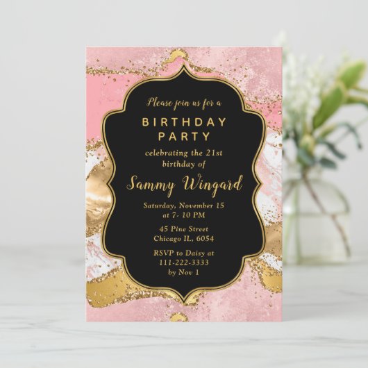 Invitation Séquins or et rose Agate Anniversaire (Debout devant)