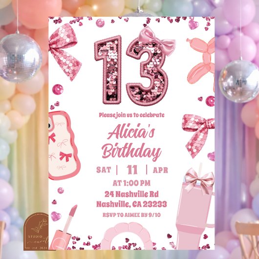 Invitation Sequins Pink Bow teenager Birthday