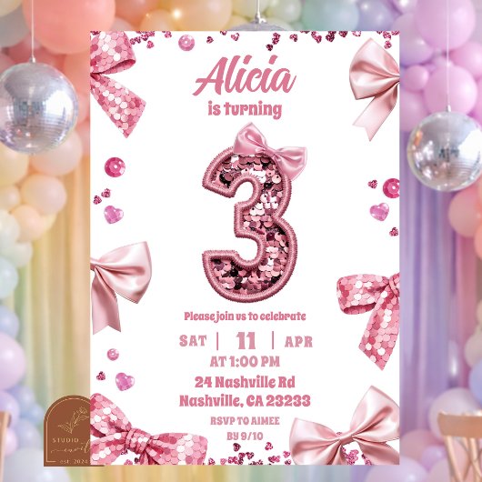 Invitation Sequins Pink Bow Three Girl Birthday