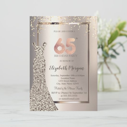Invitation Sequins Robe Confetti Ivoire 65e anniversaire (Debout devant)