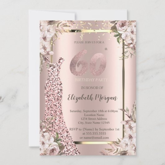 Invitation Séquins Robe Fleurs de Blush 60e anniversaire (Devant)