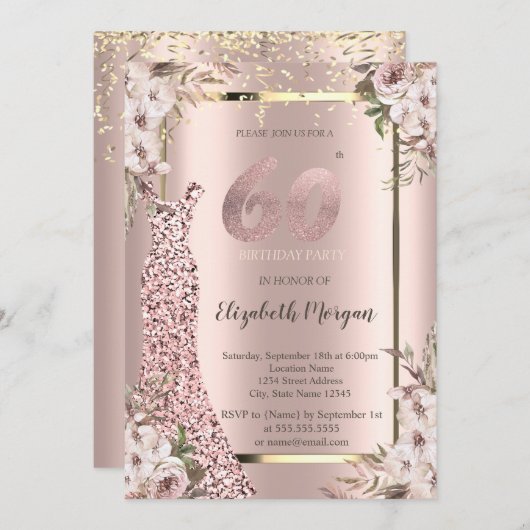 Invitation Séquins Robe Fleurs de Blush 60e anniversaire (Devant / Derrière)