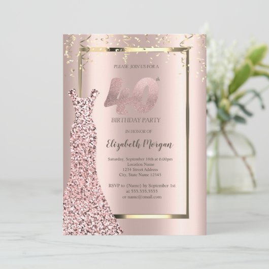 Invitation Sequins Robe Rose Or 40e anniversaire (Debout devant)