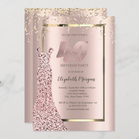Invitation Sequins Robe Rose Or 40e anniversaire (Devant / Derrière)