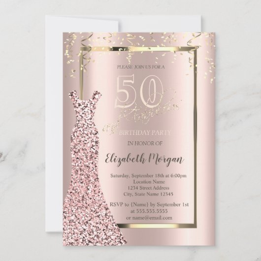 Invitation Sequins Robe Rose Or 50e Anniversaire (Devant)
