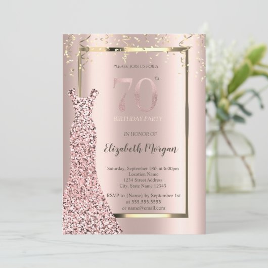 Invitation Sequins Robe Rose or 70e anniversaire (Debout devant)