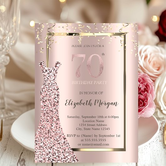 Invitation Sequins Robe Rose or 70e anniversaire