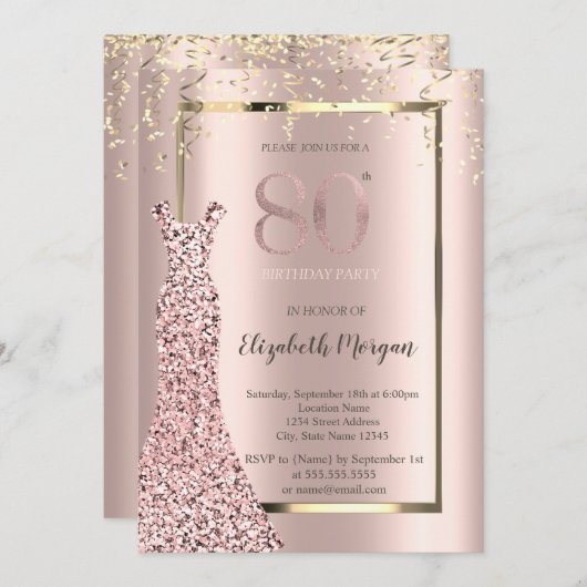 Invitation Sequins Robe Rose Or 80e Anniversaire (Devant / Derrière)