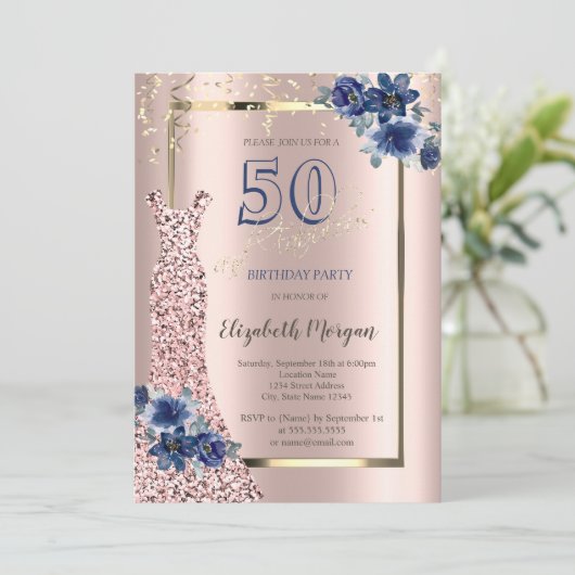 Invitation Séquins Robe Rose Or, Fleurs Bleues 50e (Debout devant)