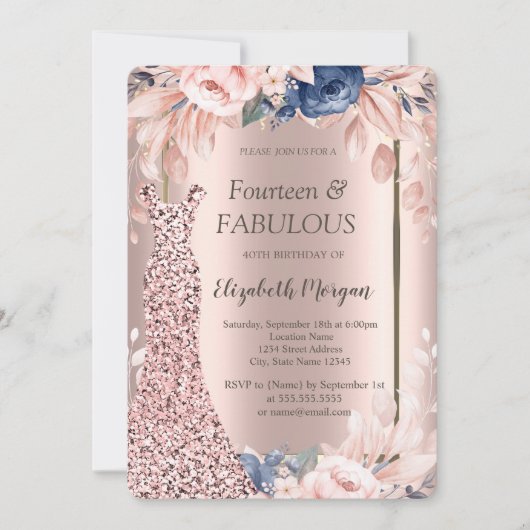 Invitation Sequins Robe Rose or Floral 40e anniversaire (Devant)