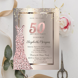 Invitation Séquins Rose Robe d'or ivoire 50e anniversaire