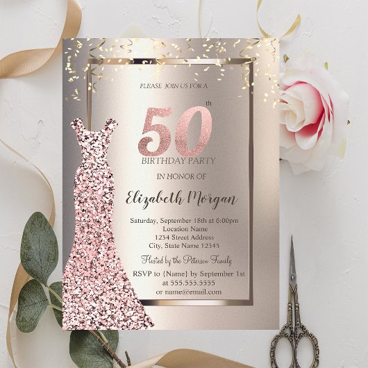 Invitation Séquins Rose Robe d'or ivoire 50e anniversaire