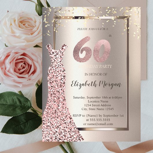 Invitation Sequins Rose Robe d'or ivoire 60e anniversaire