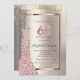 Invitation Séquins Rose Robe d'or ivoire 65e anniversaire