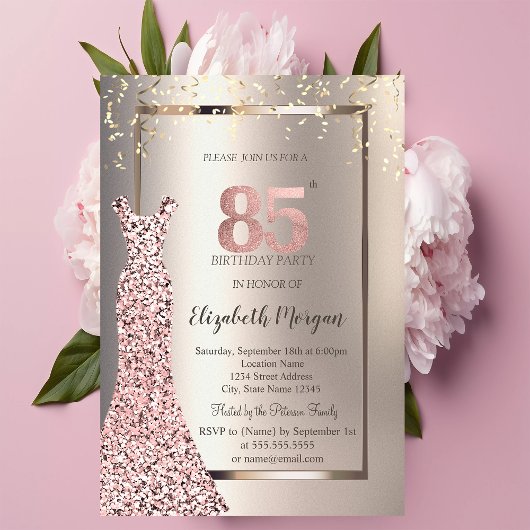Invitation Séquins Rose Robe d'or ivoire 85e anniversaire