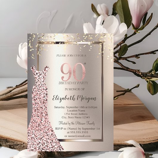 Invitation Sequins Rose Robe d'or ivoire 90e anniversaire