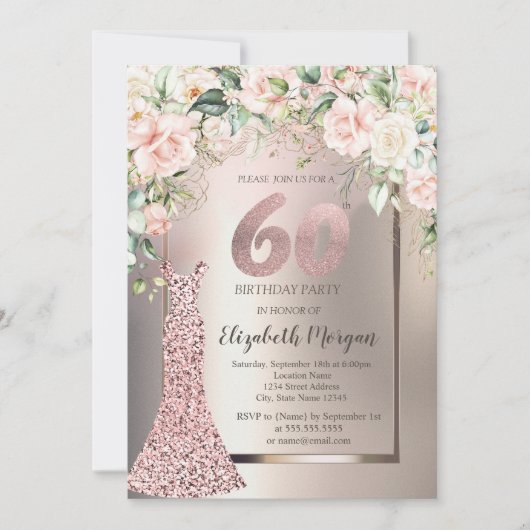 Invitation Séquins Rose Robe d'or Rose Ivoire 60e anniversair (Devant)