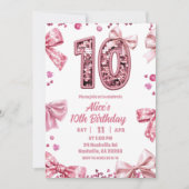 Invitation Sequins Rose Ruban Double Chiffres 10 Fille Annive (Devant)