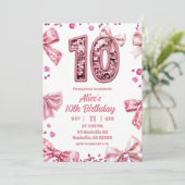 Invitation Sequins Rose Ruban Double Chiffres 10 Fille Annive (Debout devant)