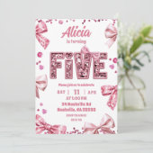 Invitation Sequins Rose Ruban FIVE Fille Anniversaire (Debout devant)