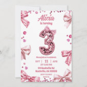 Invitation Sequins Rose Ruban Trois Fille Anniversaire (Devant)