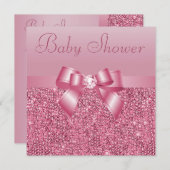 Invitation Séquins roses, Bow & Diamond Baby shower (Devant / Derrière)