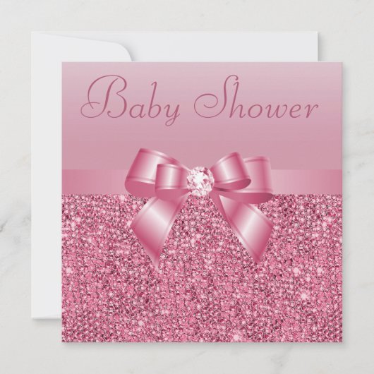 Invitation Séquins roses, Bow & Diamond Baby shower (Devant)