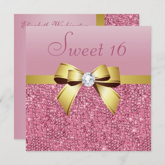 Invitation Séquins roses, Bow or & Diamond Sweet 16 (Devant / Derrière)