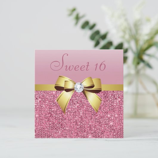 Invitation Séquins roses, Bow or & Diamond Sweet 16 (Debout devant)