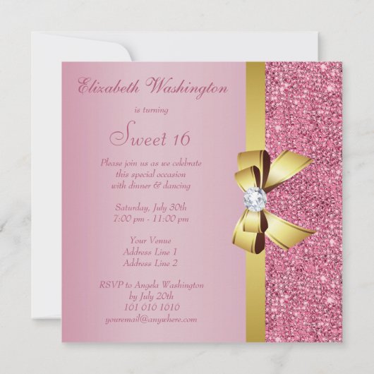 Invitation Séquins roses, Bow or & Diamond Sweet 16 (Dos)