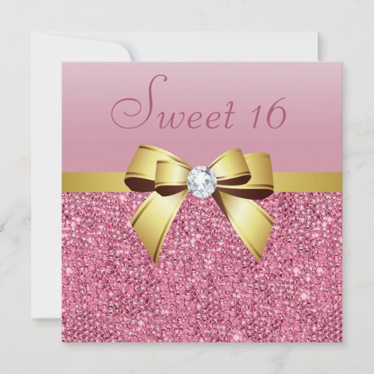 Invitation Séquins roses, Bow or & Diamond Sweet 16 (Devant)