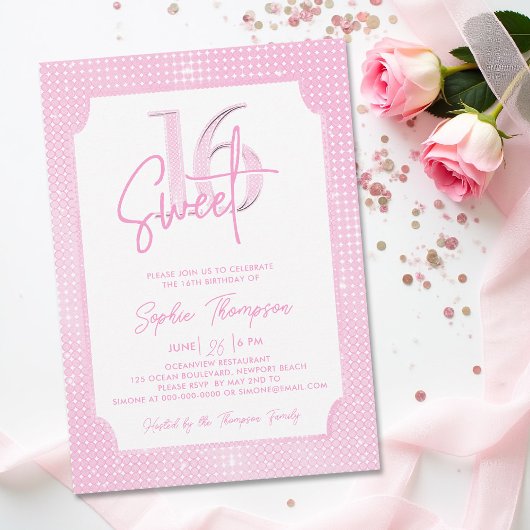 Invitation Séquins roses Élégant cadre Calligraphie Sweet 16