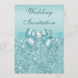 Invitation Séquins Turquoises imprimés Diamants Faux Bow Mari