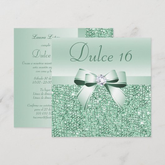 Invitation Sequins Vert Menthe Espagnols, Arc et Diamant Dulc (Devant / Derrière)