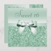 Invitation Séquins verts à la menthe, Bow & Diamond Sweet 16 (Devant / Derrière)