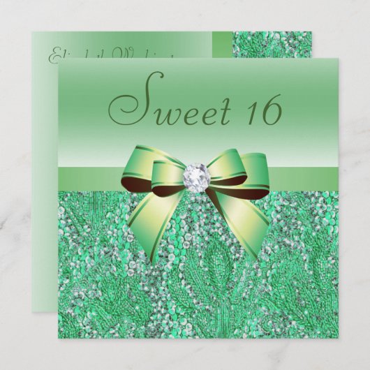 Invitation Séquins verts à la menthe, Bow & Diamond Sweet 16 (Devant / Derrière)
