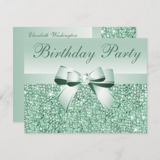 Invitation Séquins verts à la menthe imprimée, Bow & Diamond  (Devant / Derrière)