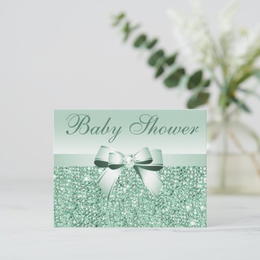 Invitation Séquins verts imprimés, Baby shower Bow & Diamond (Debout devant)